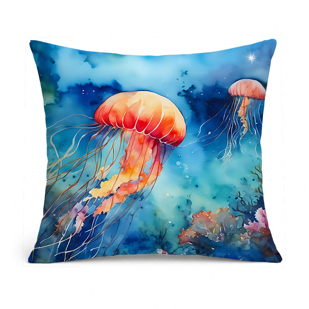Jellyfish Decorative Throw Pillow 14x14 Indoor Outdoor Accent Cushion, Fabric Cover with Insert for Sofa, Bed, Porch & Living Room