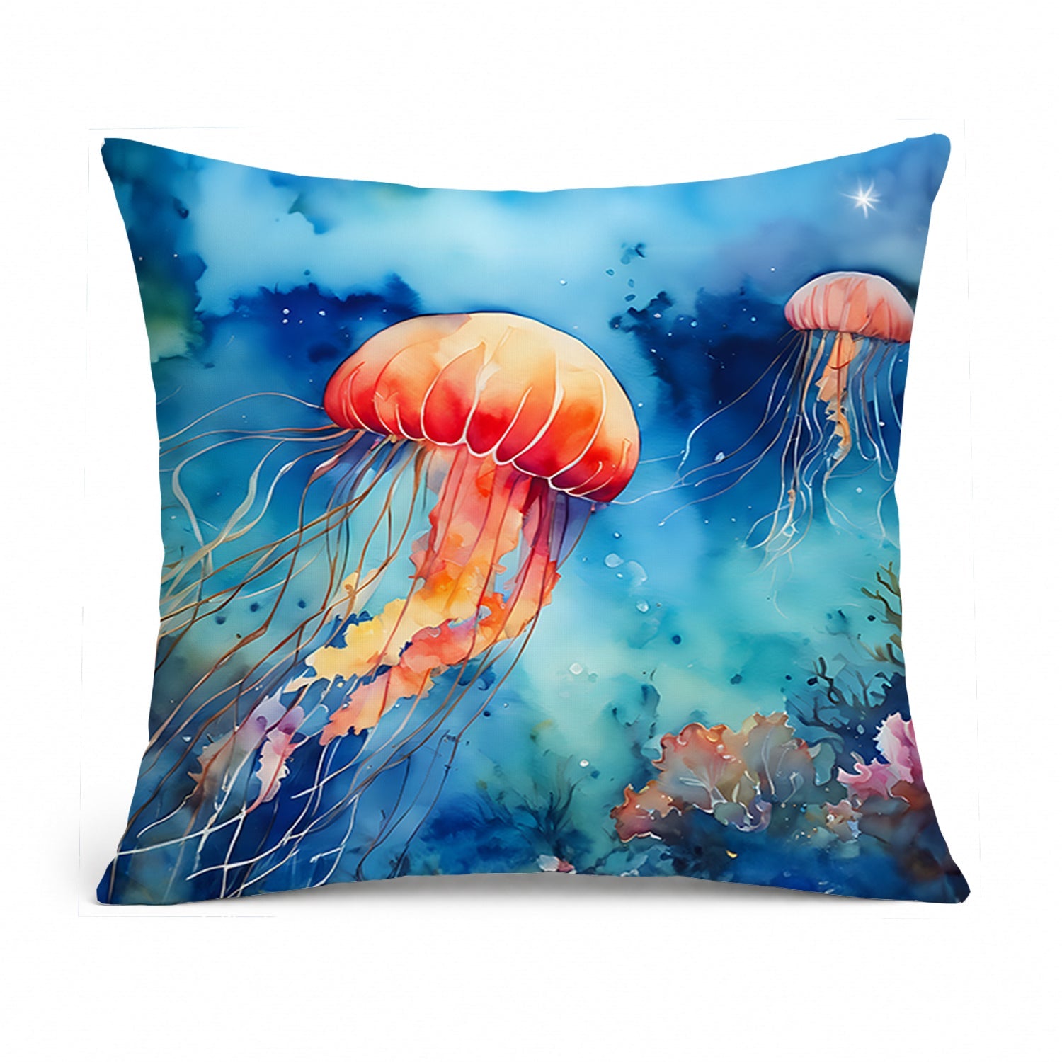 Jellyfish Decorative Throw Pillow 14x14 Indoor Outdoor Accent Cushion, Fabric Cover with Insert for Sofa, Bed, Porch & Living Room