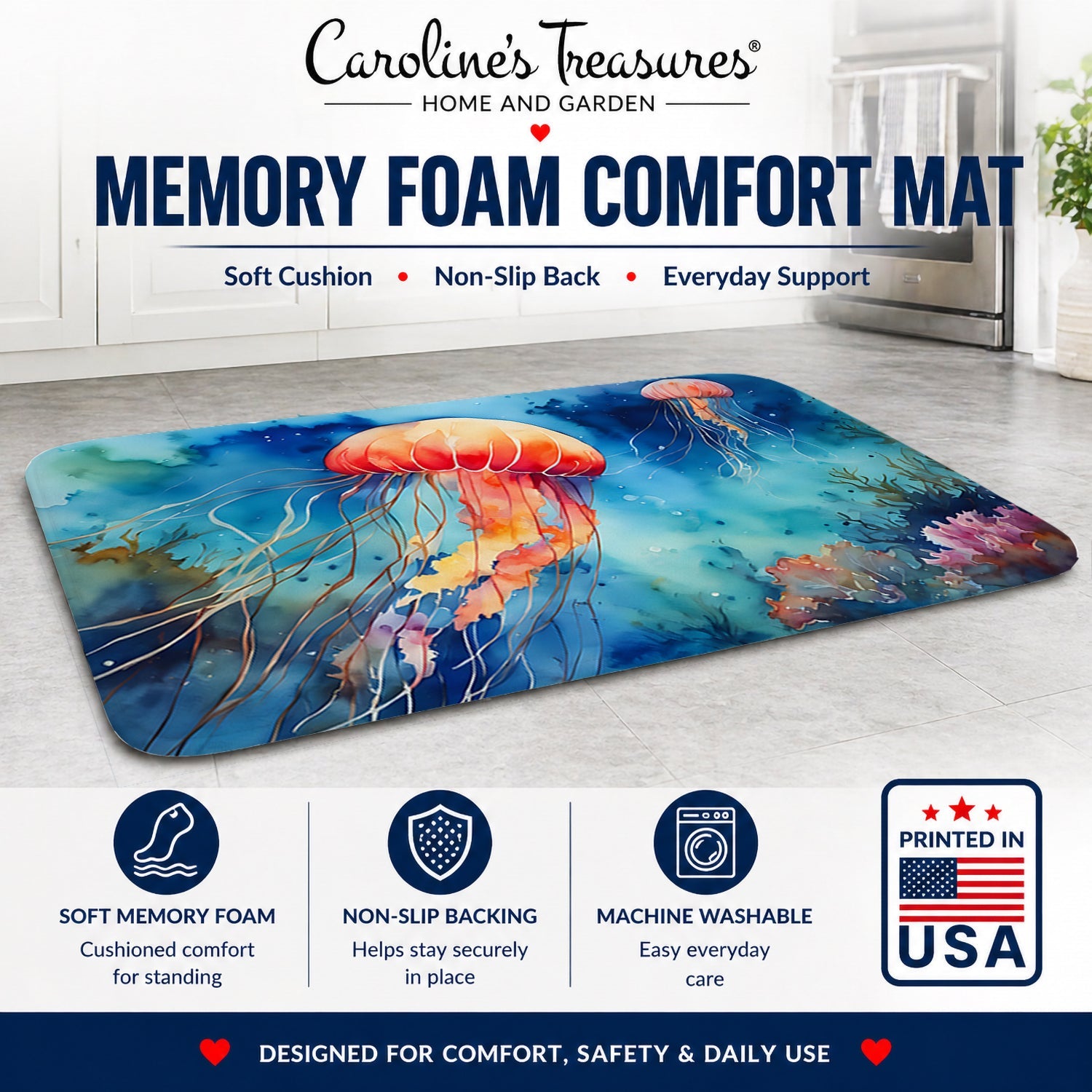 Jellyfish Memory Foam Kitchen Mat Machine Washable Anti-Fatigue Cushion Comfort Bath or Kitchen Rug
