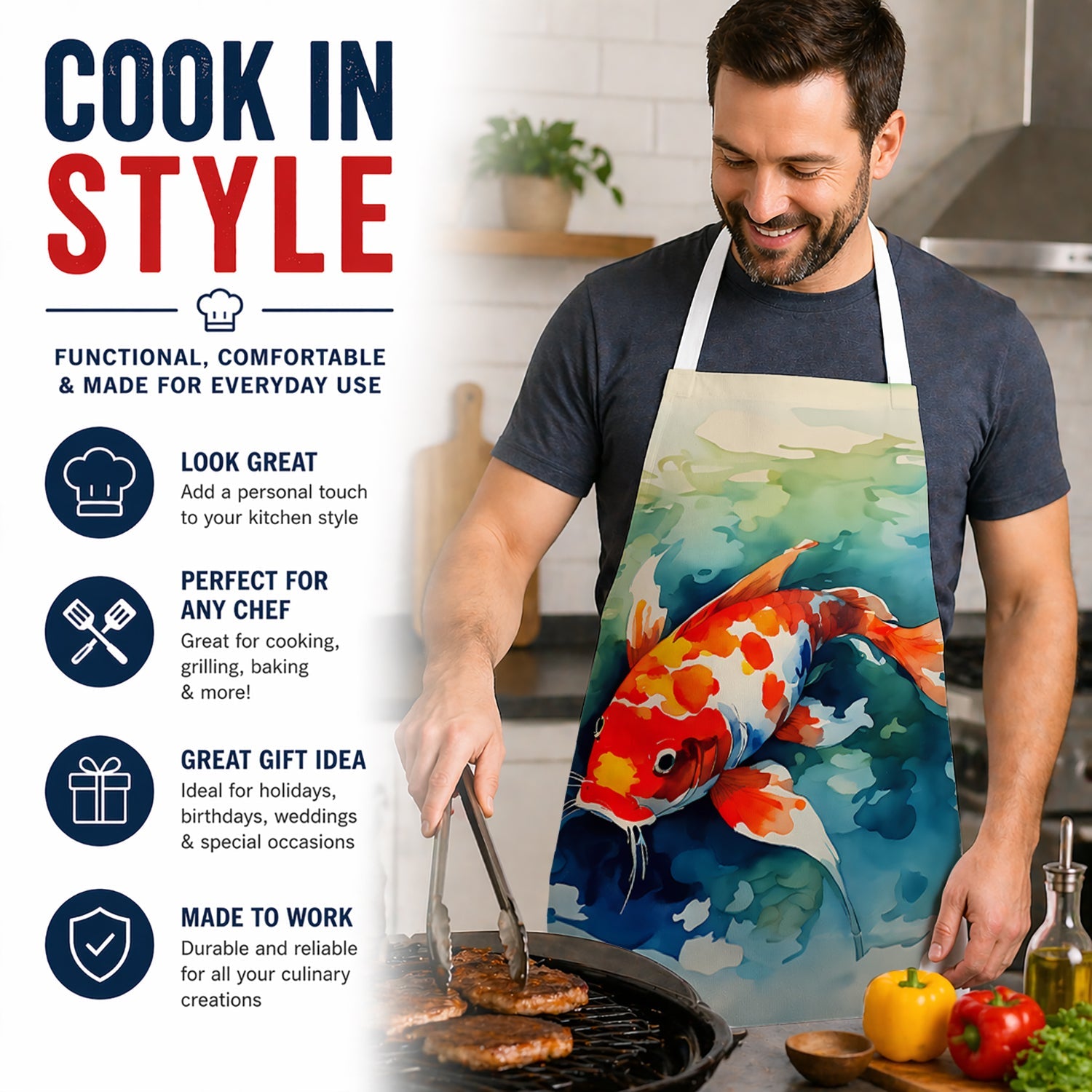 Koi Fish Apron Cooking Kitchen Server Baking Crafts Gardening for Adult Women Men, Unisex, Large, Multicolor
