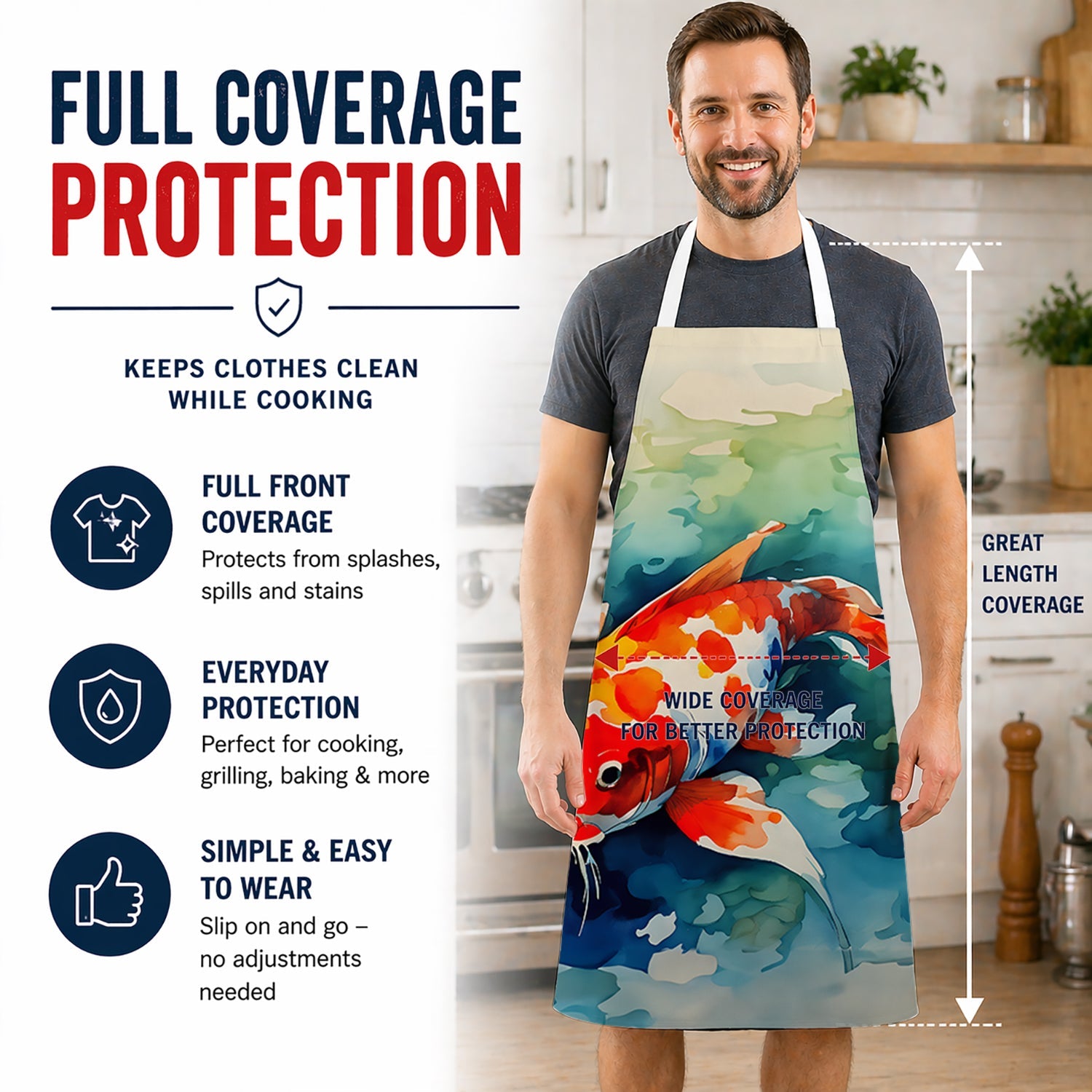 Koi Fish Apron Cooking Kitchen Server Baking Crafts Gardening for Adult Women Men, Unisex, Large, Multicolor
