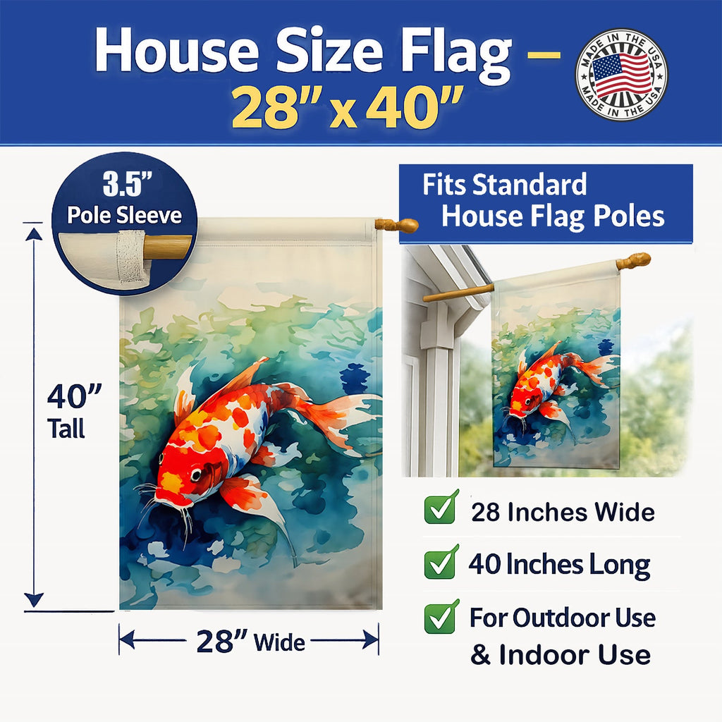 Koi Fish House Flag 28x40 Porch Sleeve Pole Decorative Outside Yard Banner Artwork Wall Hanging, Polyester