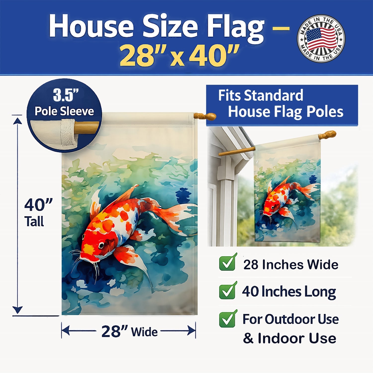 Koi Fish House Flag 28x40 Porch Sleeve Pole Decorative Outside Yard Banner Artwork Wall Hanging, Polyester