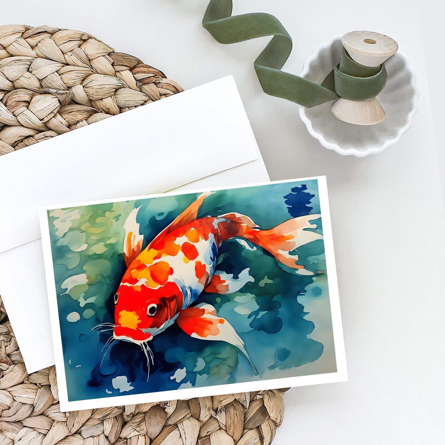 Koi Fish Greeting Cards Pack of 8 Blank Cards with Envelopes Whimsical A7 Size 5x7
