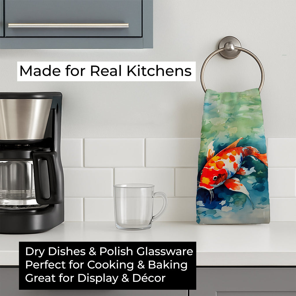 Koi Fish Kitchen Towel Velour Plush Front and Cotton Loop Back Machine Washable