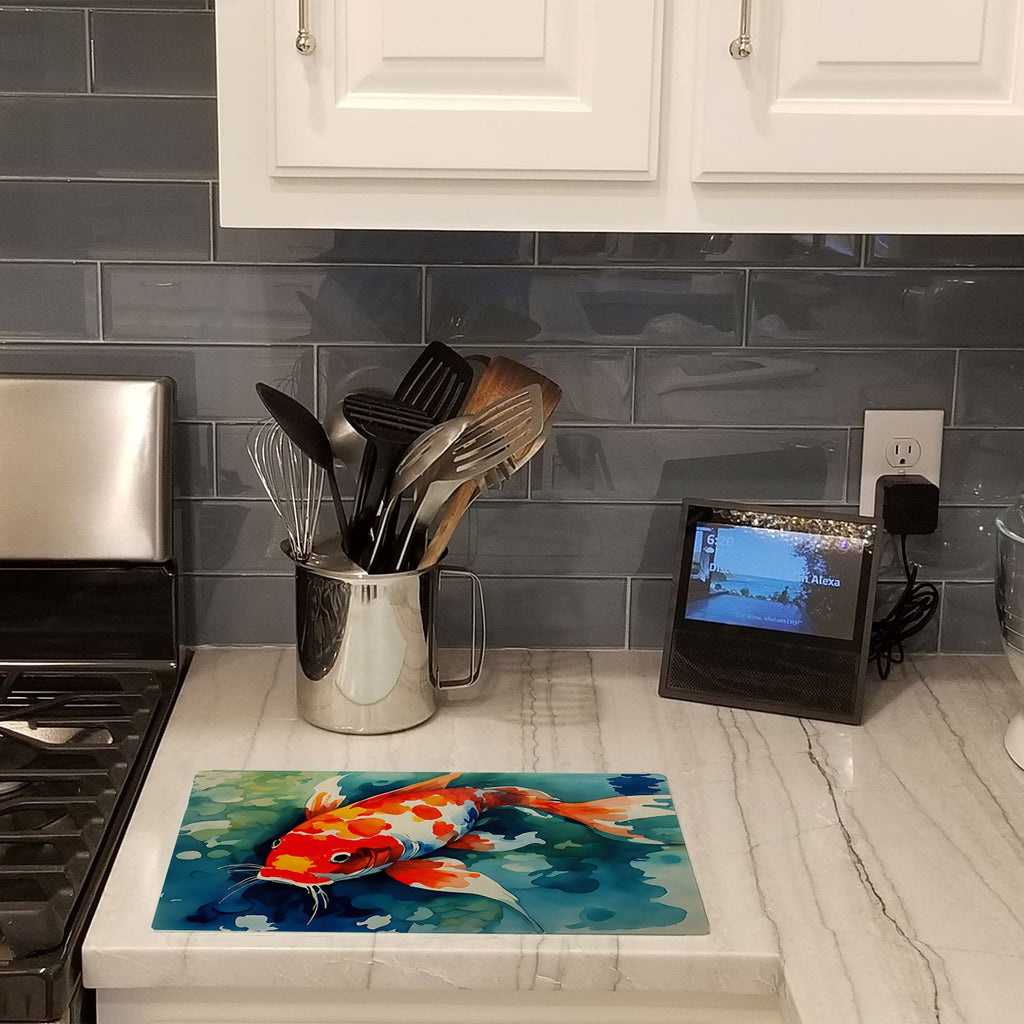 Koi Fish Cutting Board Tempered Glass Kitchen Cutting Surface, Heat Resistant Chopping, Non-Slip Feet, Food Prep & Serving