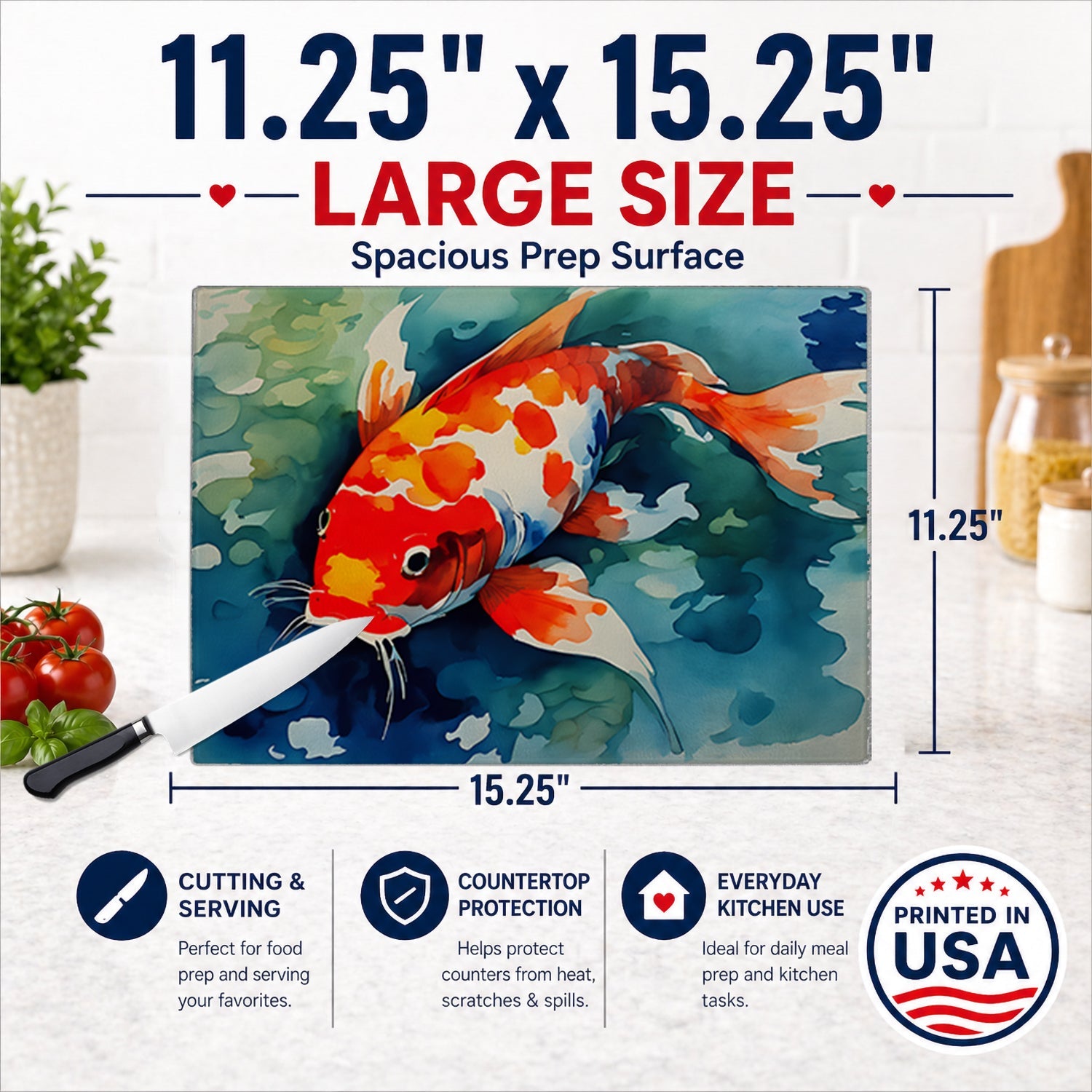 Koi Fish Cutting Board Tempered Glass Kitchen Cutting Surface, Heat Resistant Chopping, Non-Slip Feet, Food Prep & Serving