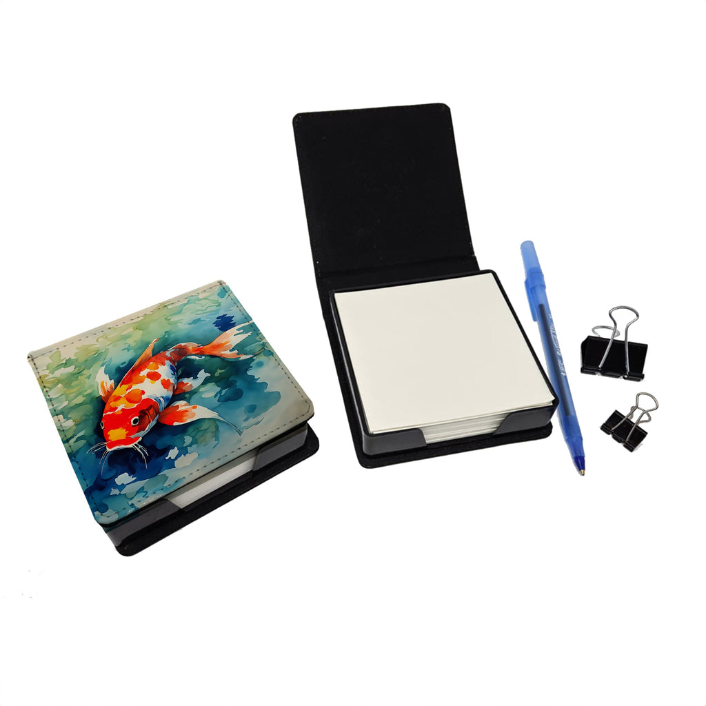 Koi Fish PU Leather Note Paper Holder with Artist-Designed Cover, Desk Accessory, Office Gift