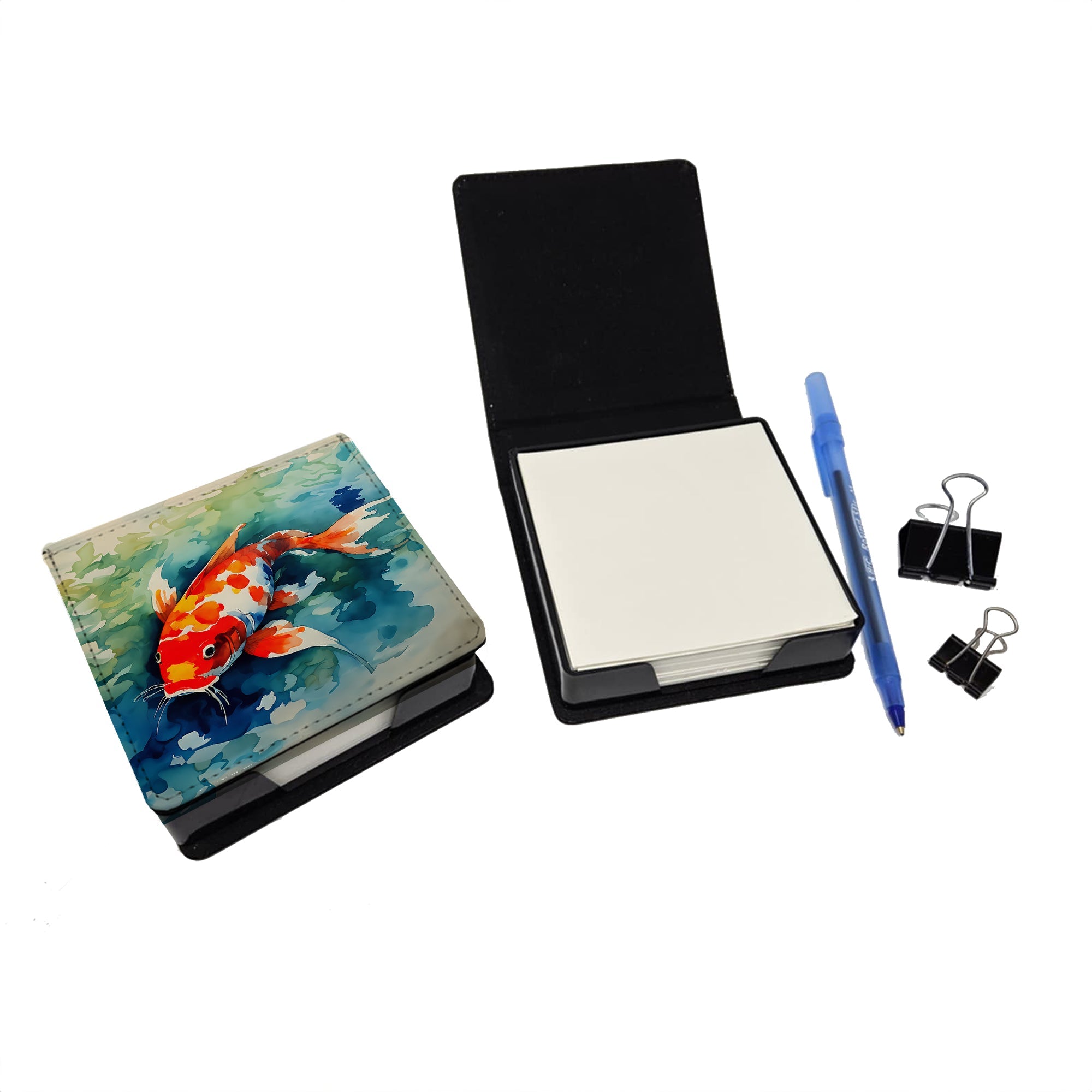 Koi Fish PU Leather Note Paper Holder with Artist-Designed Cover, Desk Accessory, Office Gift