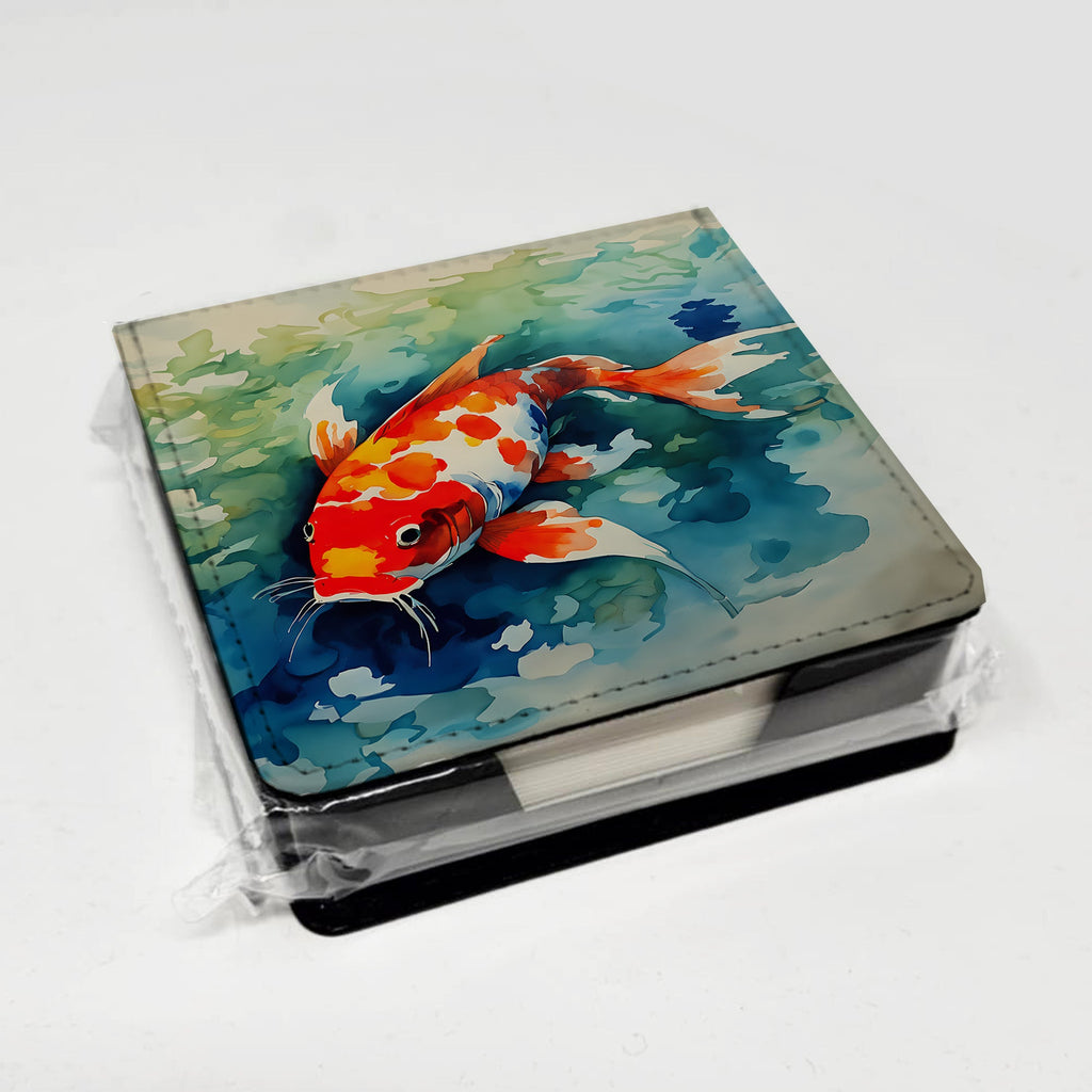Koi Fish PU Leather Note Paper Holder with Artist-Designed Cover, Desk Accessory, Office Gift