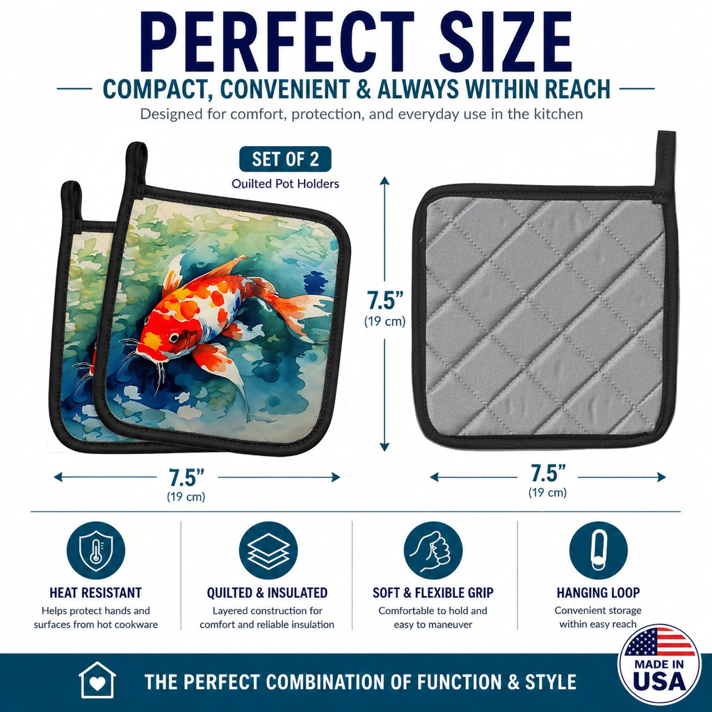 Koi Fish Pot Holder Set of 2 Heat Resistant Quilted Hot Pads 7.5 x 7.5 Inch, Insulated Kitchen Trivets for Cooking & Baking