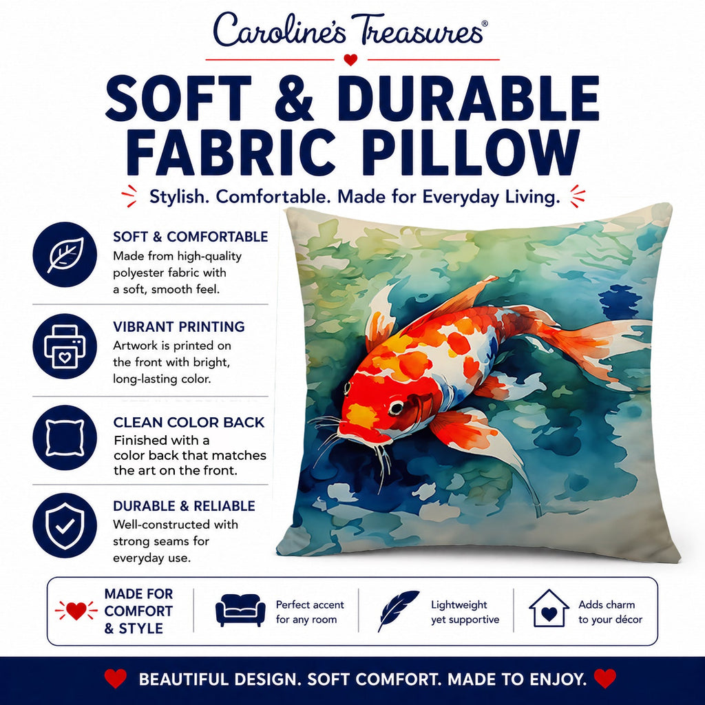 Koi Fish Decorative Throw Pillow 14x14 Indoor Outdoor Accent Cushion, Fabric Cover with Insert for Sofa, Bed, Porch & Living Room