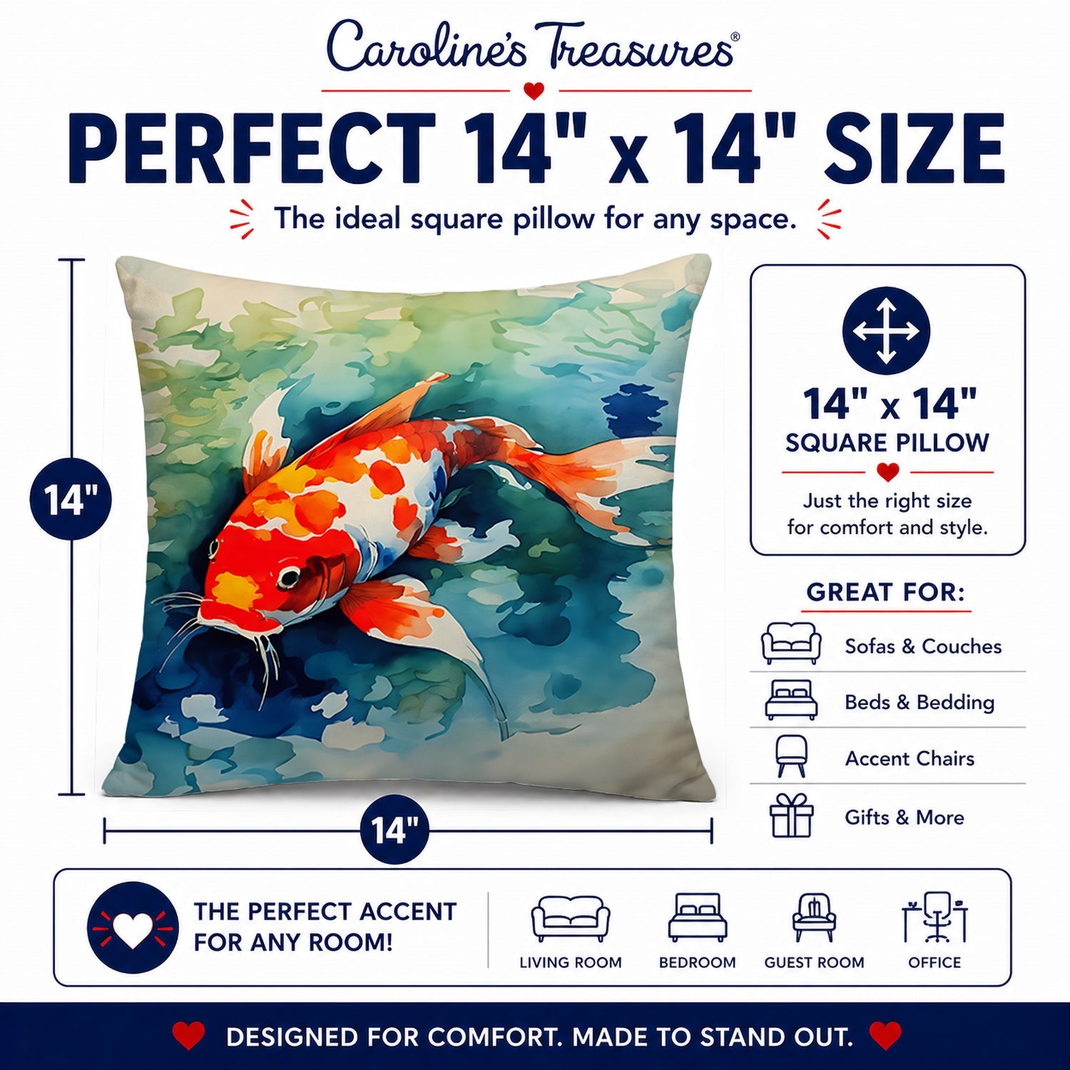 Koi Fish Decorative Throw Pillow 14x14 Indoor Outdoor Accent Cushion, Fabric Cover with Insert for Sofa, Bed, Porch & Living Room