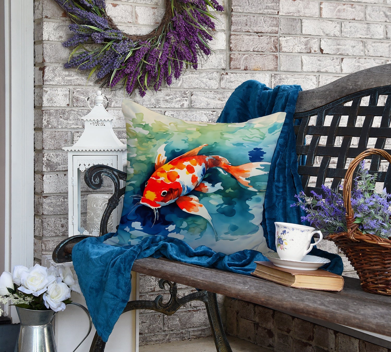 Koi Fish Decorative Throw Pillow 18x18 Indoor Outdoor Accent Cushion, Fabric Cover with Insert for Sofa, Bed, Porch & Living Room