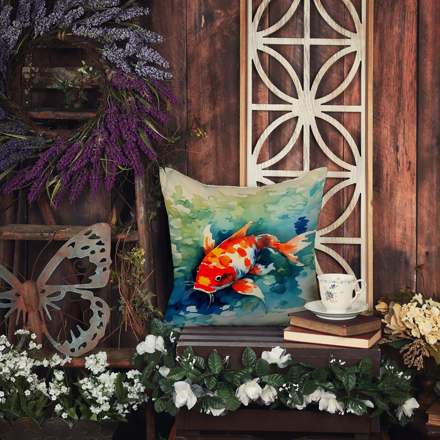 Koi Fish Decorative Throw Pillow 18x18 Indoor Outdoor Accent Cushion, Fabric Cover with Insert for Sofa, Bed, Porch & Living Room