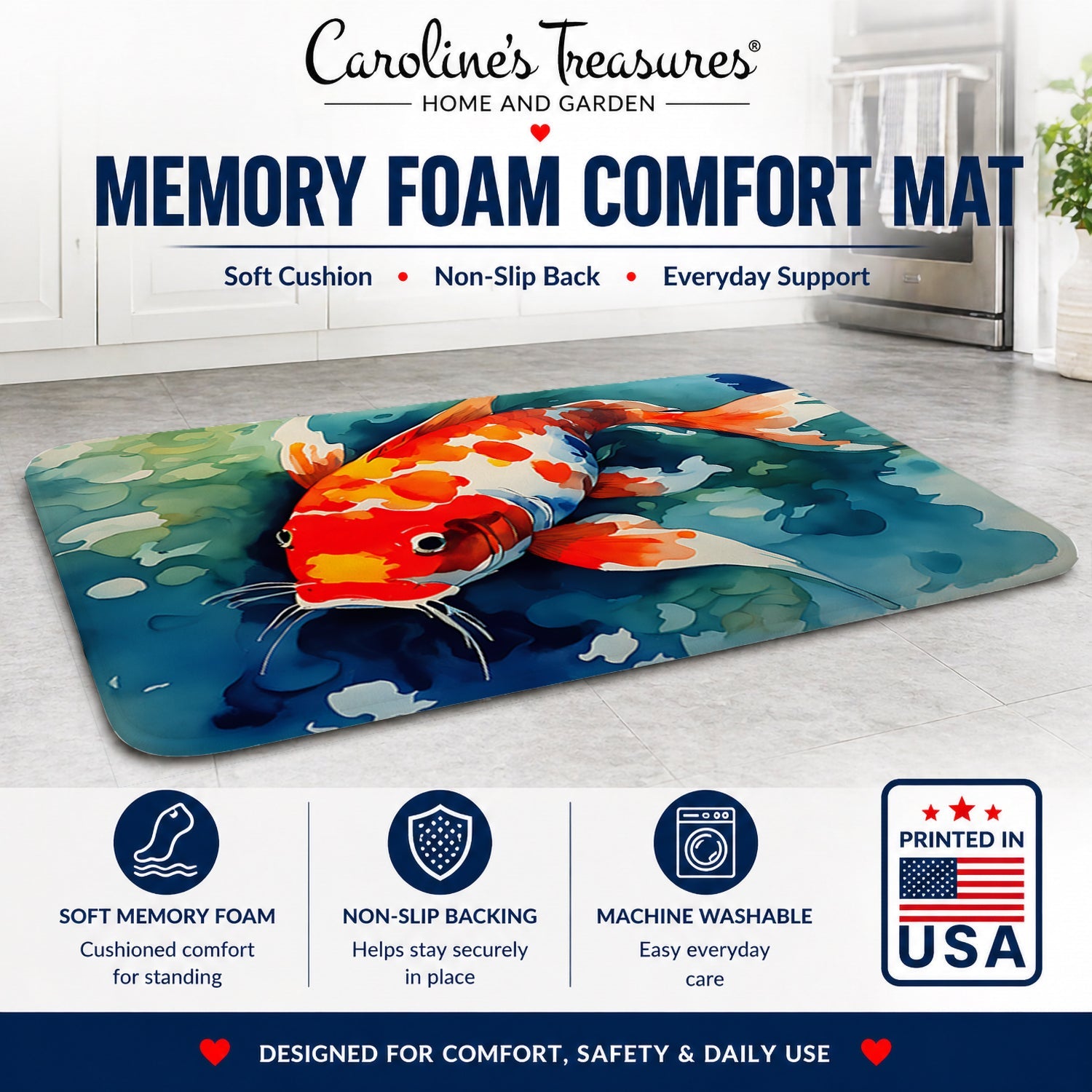 Koi Fish Memory Foam Kitchen Mat Machine Washable Anti-Fatigue Cushion Comfort Bath or Kitchen Rug