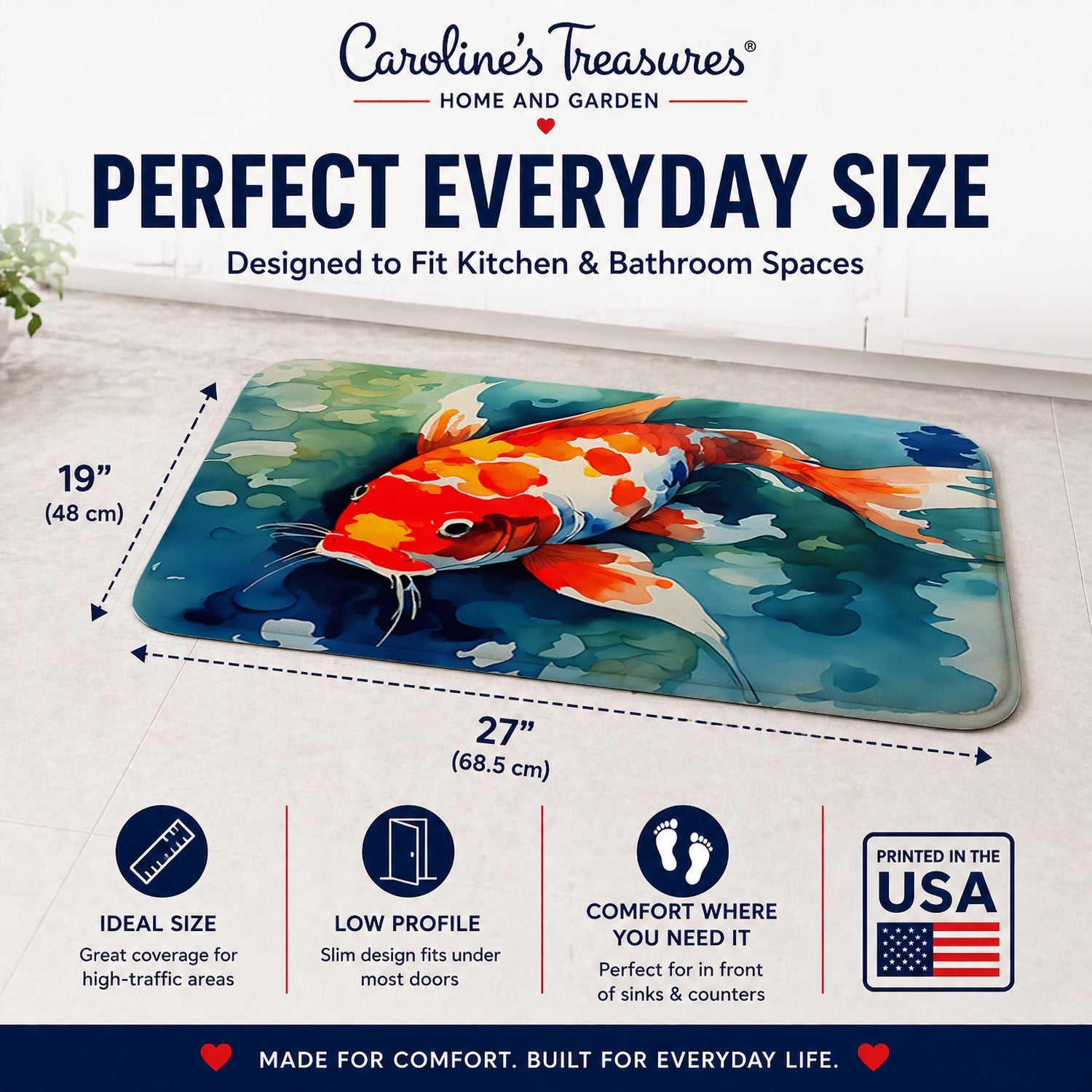 Koi Fish Memory Foam Kitchen Mat Machine Washable Anti-Fatigue Cushion Comfort Bath or Kitchen Rug