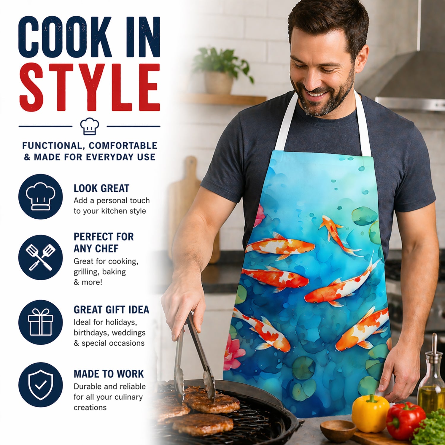 Koi Fish Apron Cooking Kitchen Server Baking Crafts Gardening for Adult Women Men, Unisex, Large, Multicolor