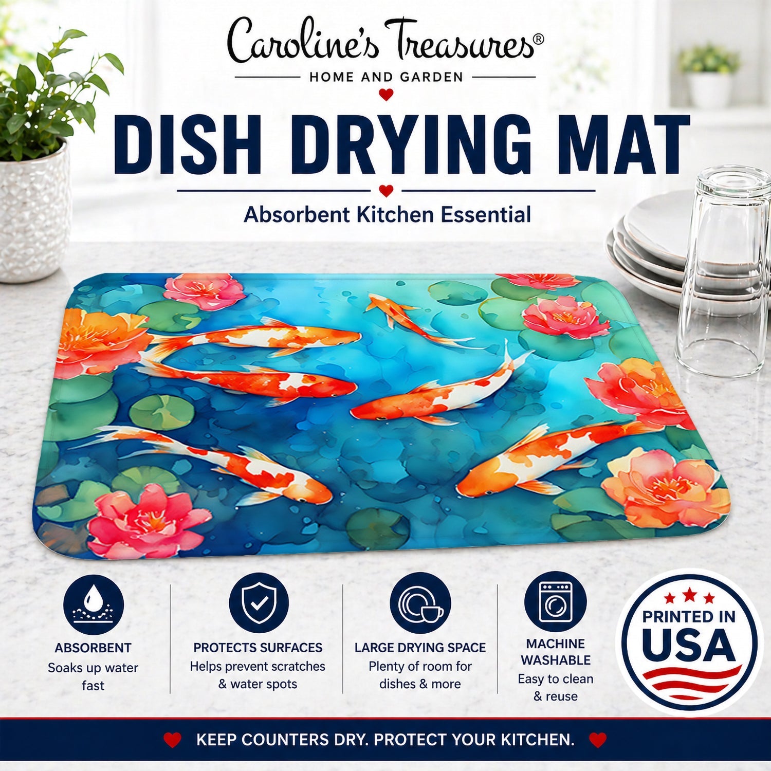 Koi Fish Dish Drying Mat Absorbent Dish Drying Mat Pad for Kitchen Counter Dish Drainer Mat for Countertop, 14 x 21", Multicolor