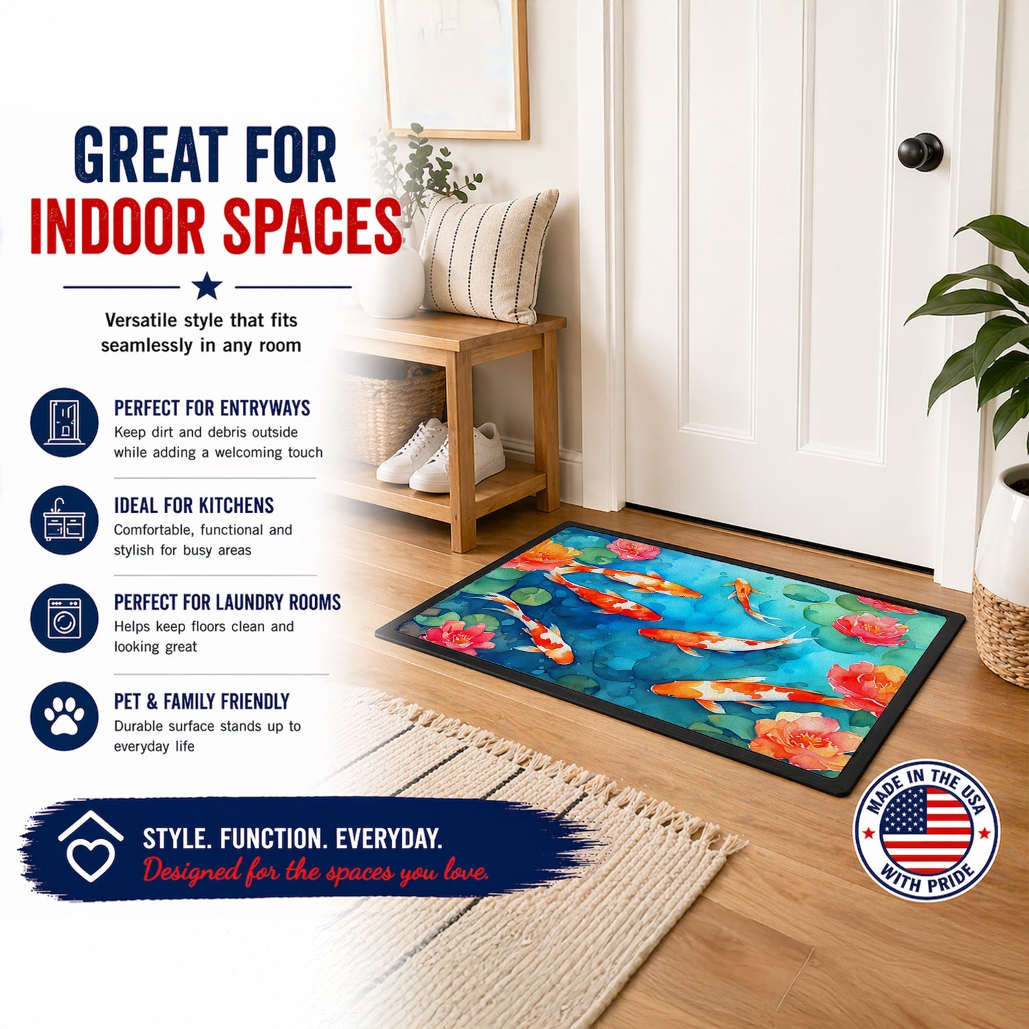 Koi Fish Doormat Indoor Outdoor 24H X 36W Front Door Mat Rugs for Entryway, Non Slip Washable Low Pile,