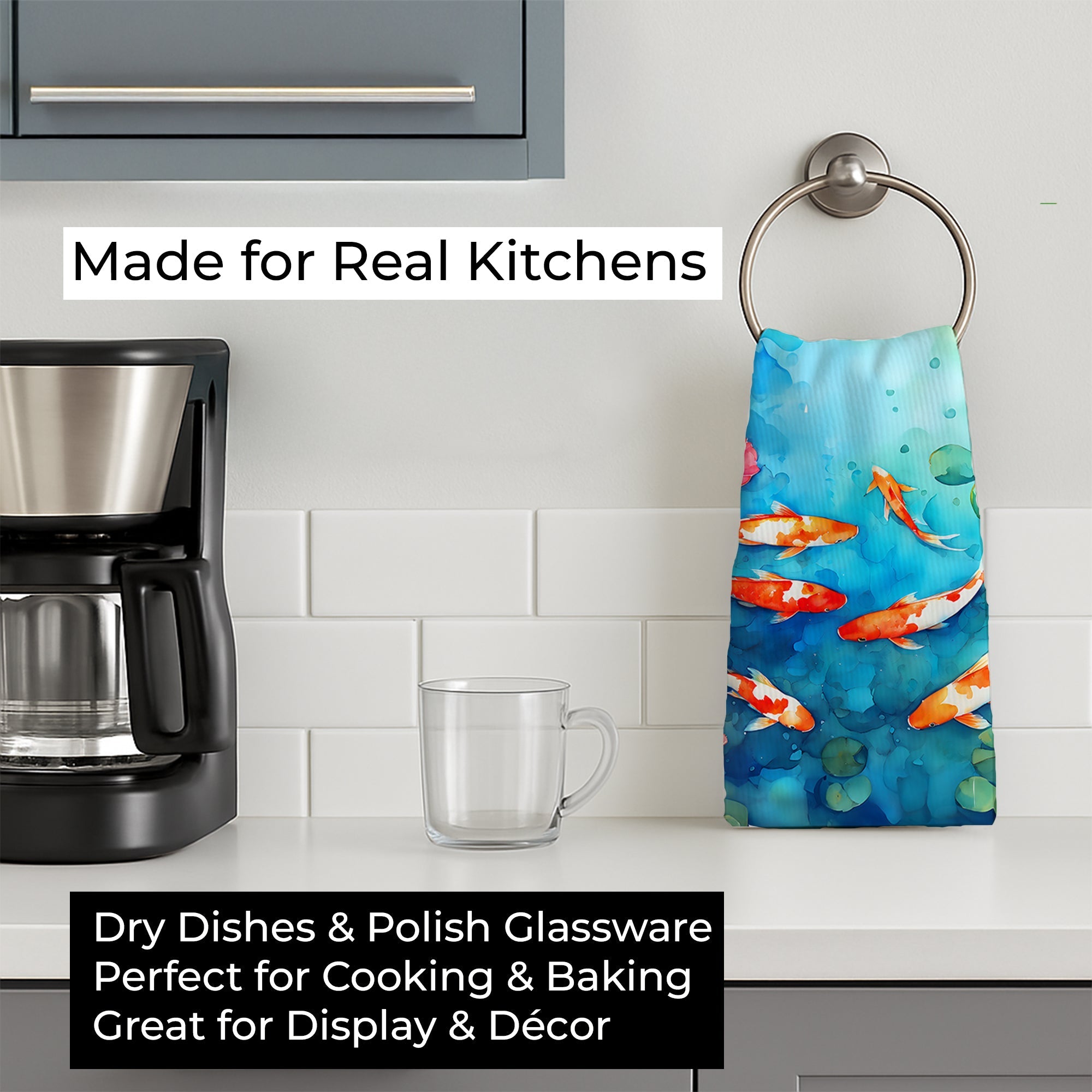 Koi Fish Kitchen Towel Velour Plush Front and Cotton Loop Back Machine Washable