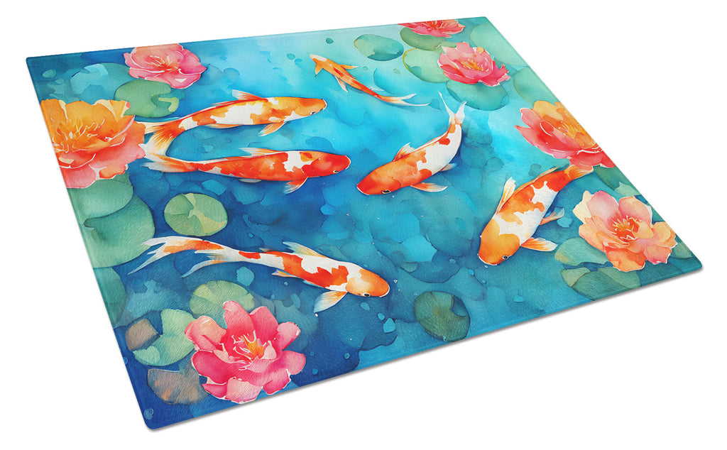 Koi Fish Cutting Board Tempered Glass Kitchen Cutting Surface, Heat Resistant Chopping, Non-Slip Feet, Food Prep & Serving