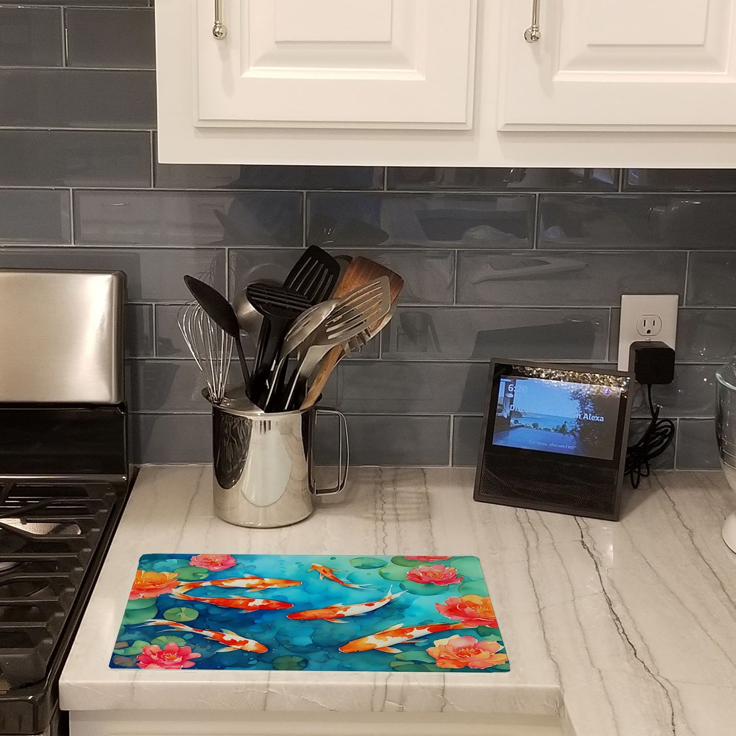 Koi Fish Cutting Board Tempered Glass Kitchen Cutting Surface, Heat Resistant Chopping, Non-Slip Feet, Food Prep & Serving