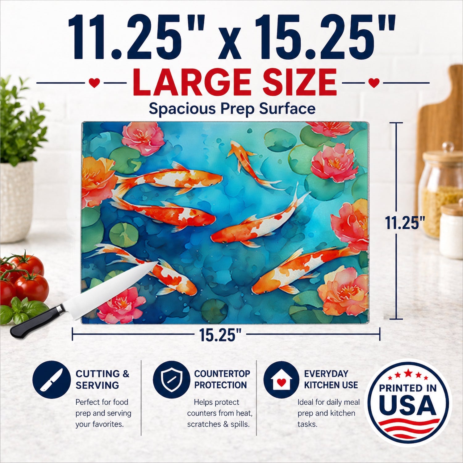Koi Fish Cutting Board Tempered Glass Kitchen Cutting Surface, Heat Resistant Chopping, Non-Slip Feet, Food Prep & Serving