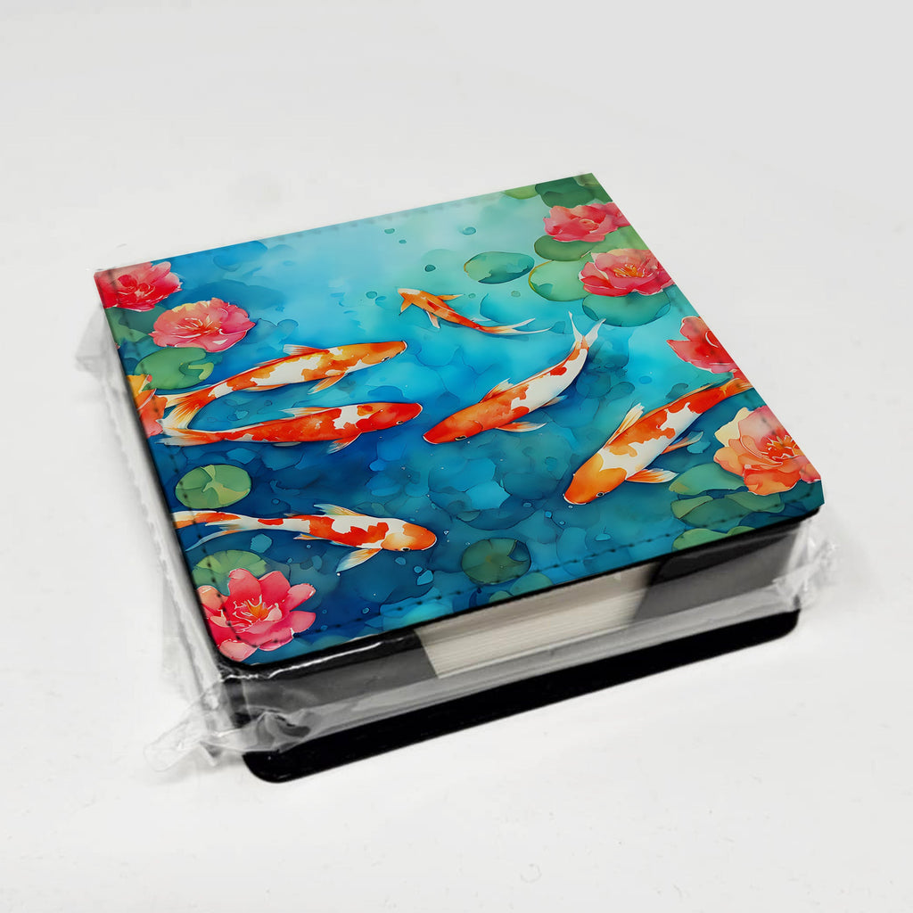 Koi Fish PU Leather Note Paper Holder with Artist-Designed Cover, Desk Accessory, Office Gift