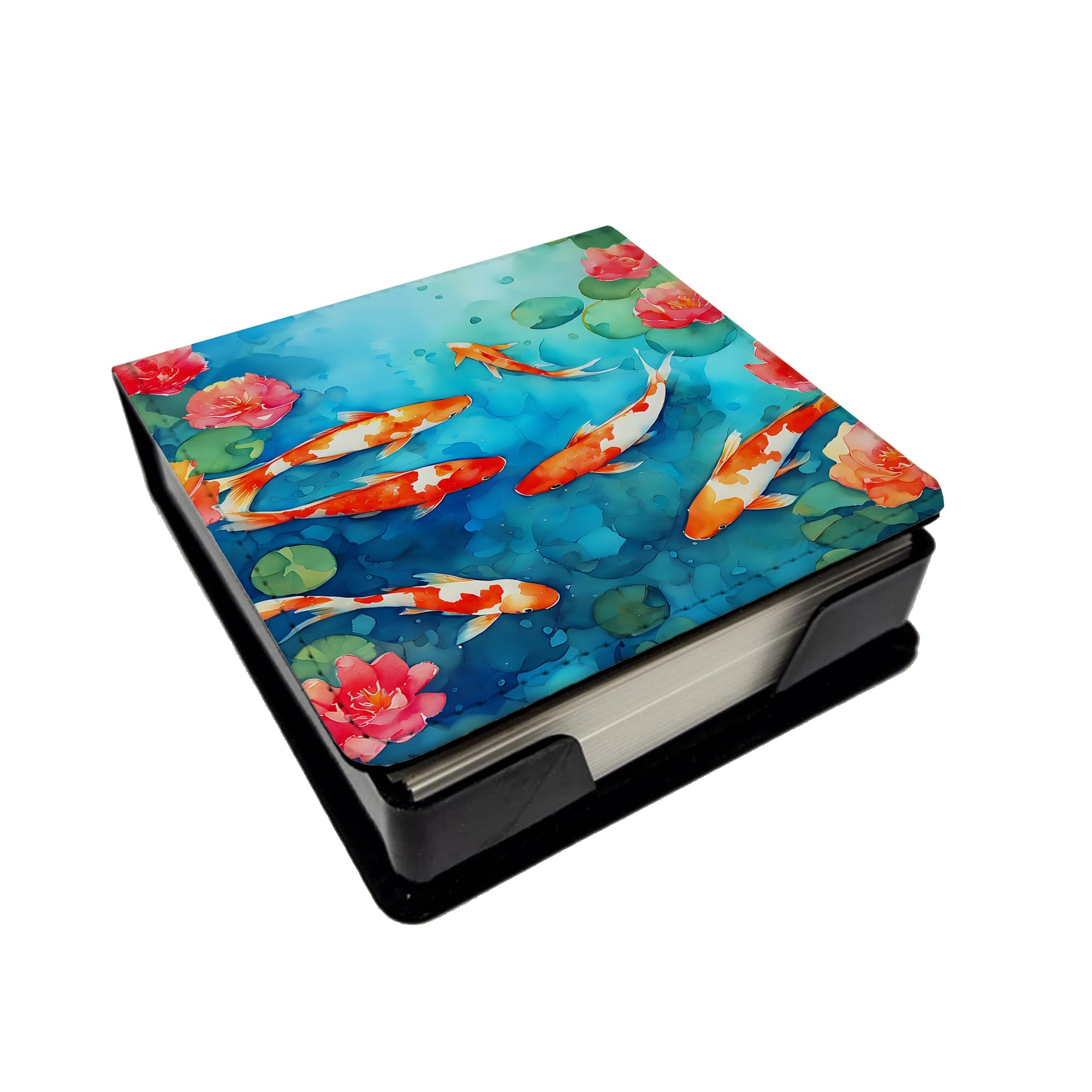 Koi Fish PU Leather Note Paper Holder with Artist-Designed Cover, Desk Accessory, Office Gift