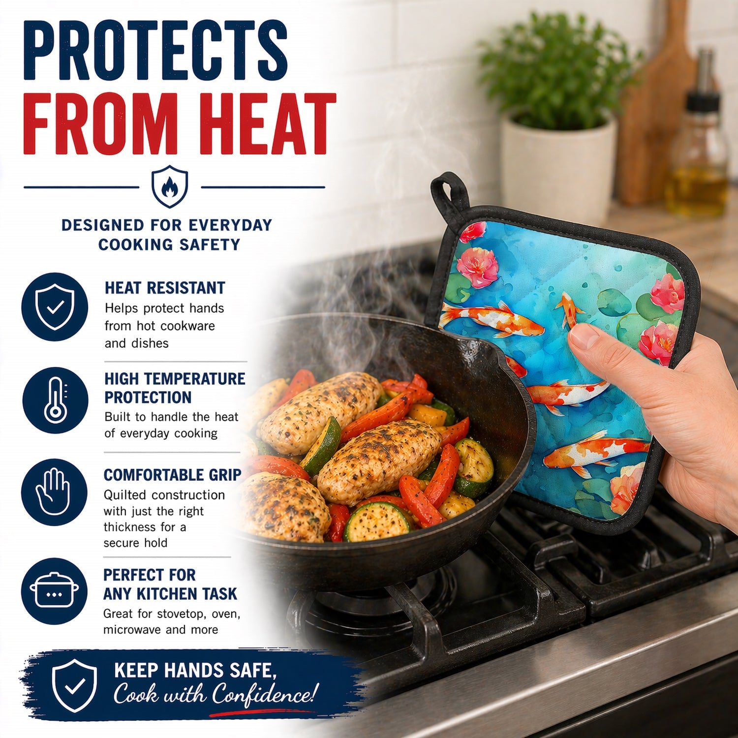 Koi Fish Pot Holder Set of 2 Heat Resistant Quilted Hot Pads 7.5 x 7.5 Inch, Insulated Kitchen Trivets for Cooking & Baking