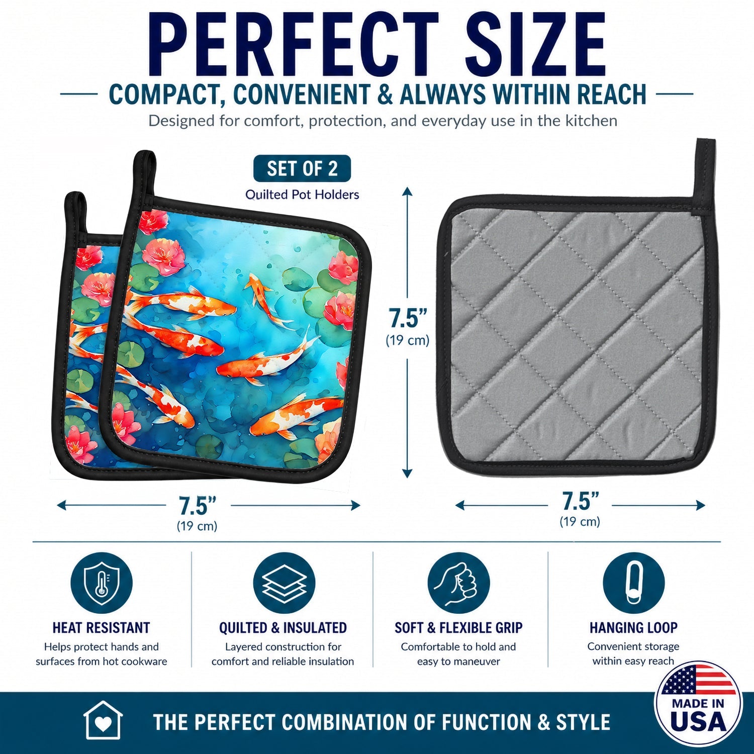 Koi Fish Pot Holder Set of 2 Heat Resistant Quilted Hot Pads 7.5 x 7.5 Inch, Insulated Kitchen Trivets for Cooking & Baking