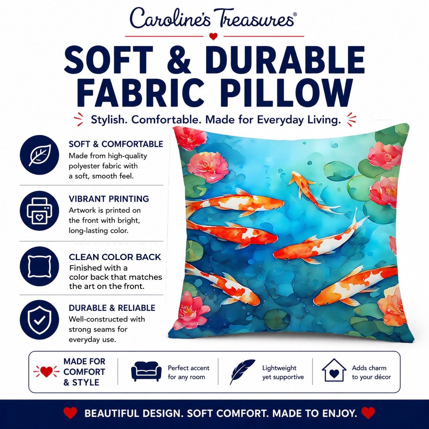 Koi Fish Decorative Throw Pillow 14x14 Indoor Outdoor Accent Cushion, Fabric Cover with Insert for Sofa, Bed, Porch & Living Room