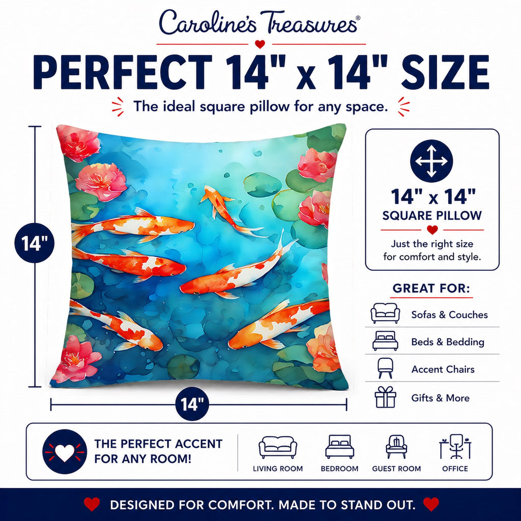 Koi Fish Decorative Throw Pillow 14x14 Indoor Outdoor Accent Cushion, Fabric Cover with Insert for Sofa, Bed, Porch & Living Room