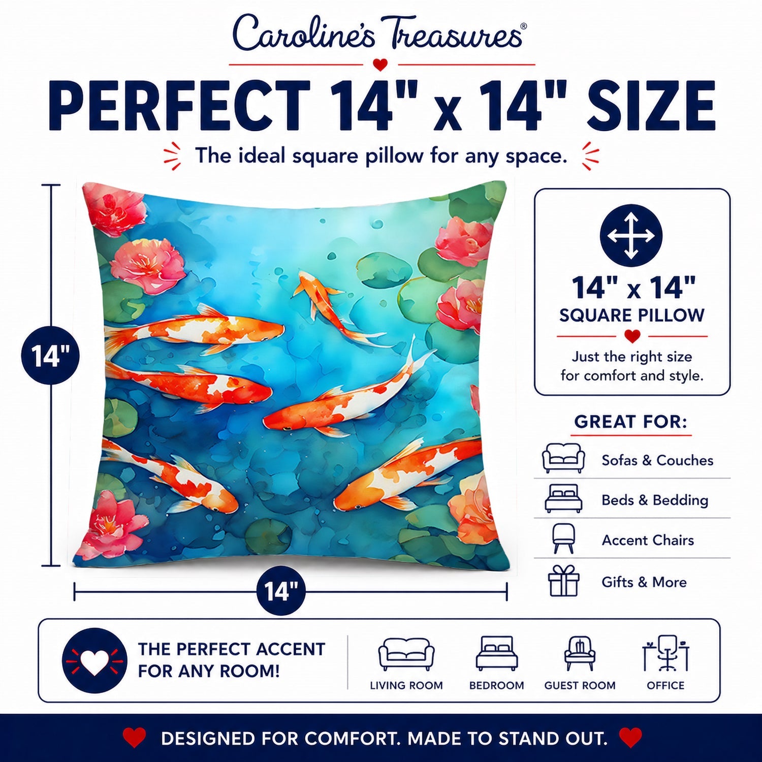 Koi Fish Decorative Throw Pillow 14x14 Indoor Outdoor Accent Cushion, Fabric Cover with Insert for Sofa, Bed, Porch & Living Room