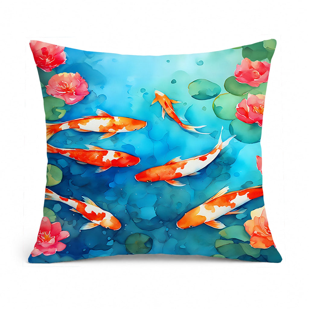 Koi Fish Decorative Throw Pillow 14x14 Indoor Outdoor Accent Cushion, Fabric Cover with Insert for Sofa, Bed, Porch & Living Room
