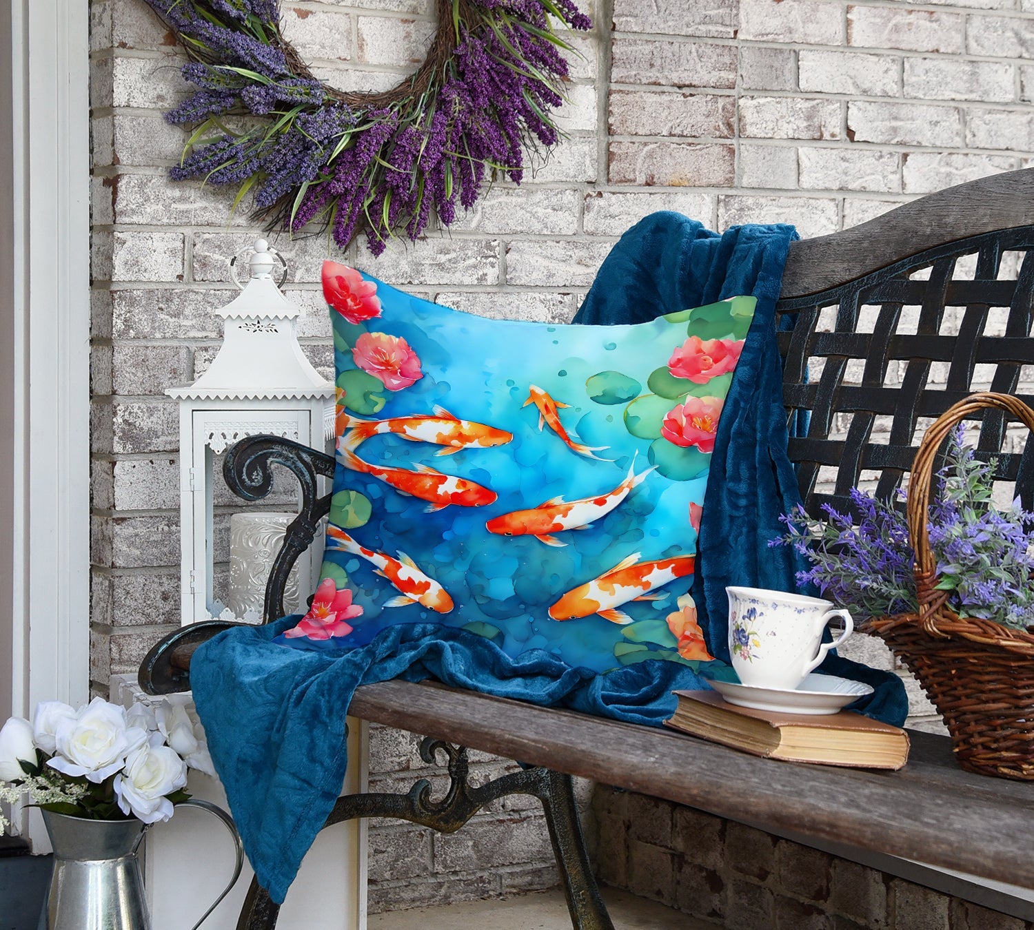 Koi Fish Decorative Throw Pillow 18x18 Indoor Outdoor Accent Cushion, Fabric Cover with Insert for Sofa, Bed, Porch & Living Room