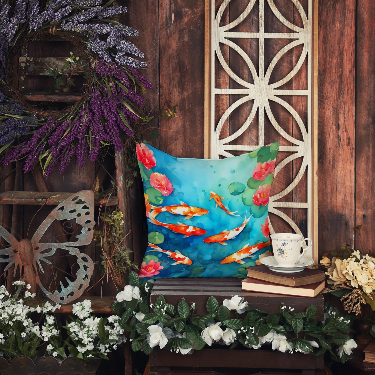 Koi Fish Decorative Throw Pillow 18x18 Indoor Outdoor Accent Cushion, Fabric Cover with Insert for Sofa, Bed, Porch & Living Room