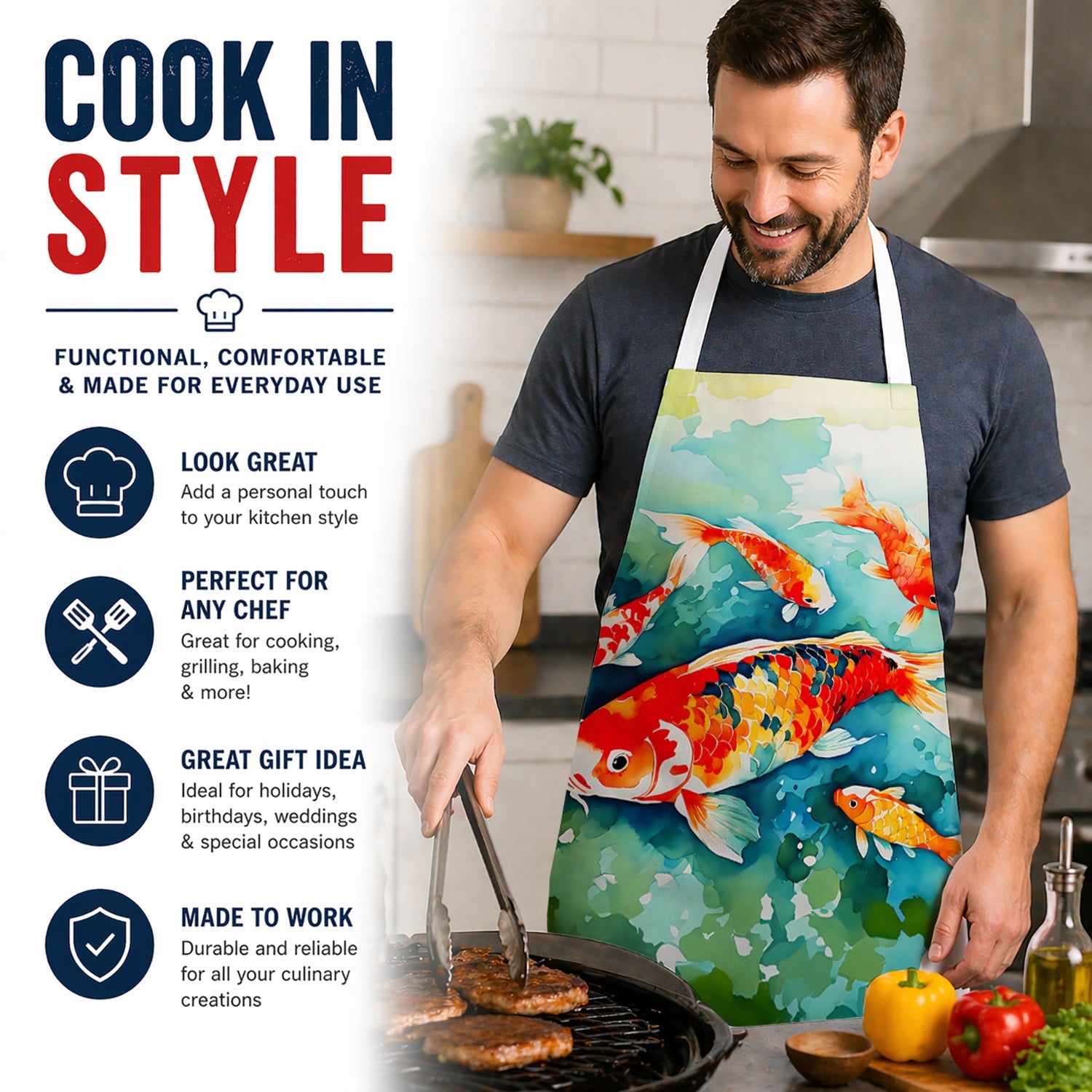 Koi Fish Apron Cooking Kitchen Server Baking Crafts Gardening for Adult Women Men, Unisex, Large, Multicolor