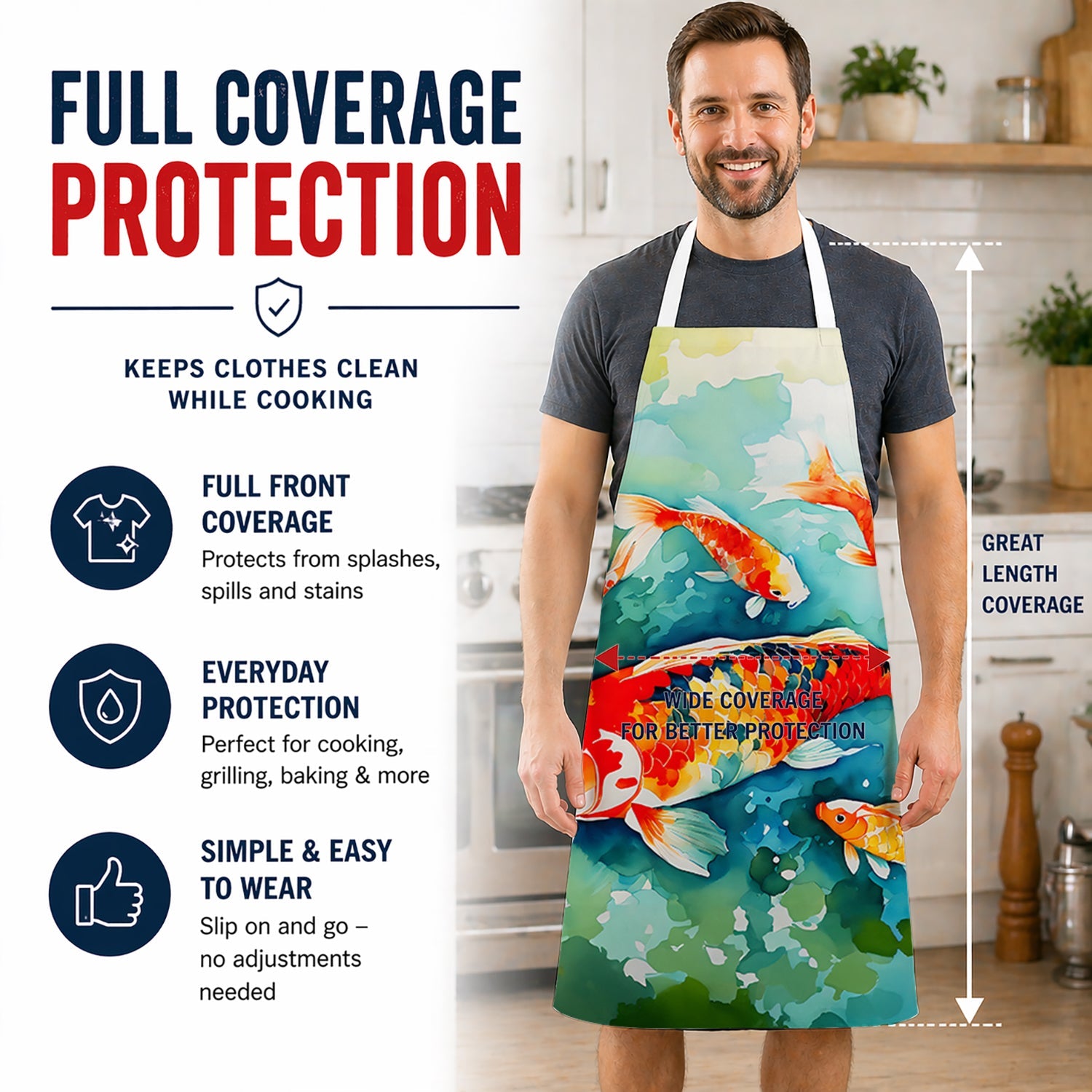 Koi Fish Apron Cooking Kitchen Server Baking Crafts Gardening for Adult Women Men, Unisex, Large, Multicolor