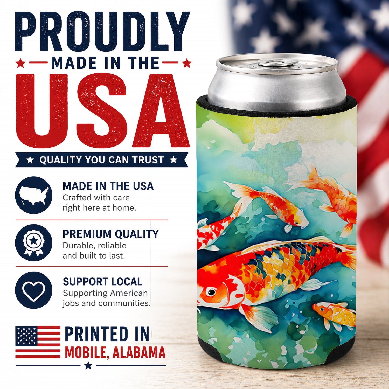 Koi Fish Can or Bottle Hugger Cooler Sleeve for Standard 12 oz Cans, Insulated Foam Beer & Soda Can Hugger Reusable
