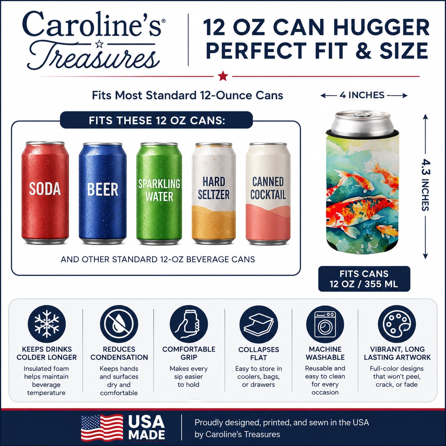 Koi Fish Can or Bottle Hugger Cooler Sleeve for Standard 12 oz Cans, Insulated Foam Beer & Soda Can Hugger Reusable
