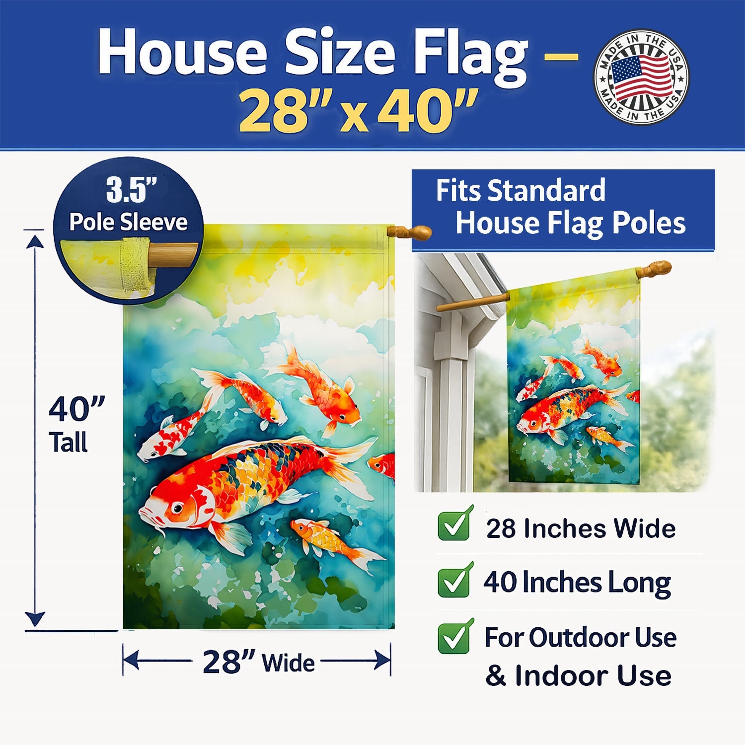 Koi Fish House Flag 28x40 Porch Sleeve Pole Decorative Outside Yard Banner Artwork Wall Hanging, Polyester