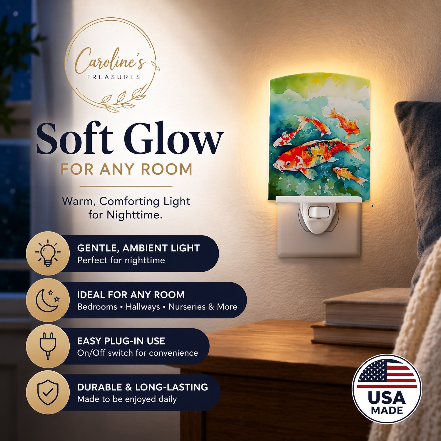 Koi Fish Ceramic Night Light Compact, UL-Certified, Ideal for Bedroom, Bathroom, Nursery, Hallway, Kitchen, 6x4x3, Multicolor
