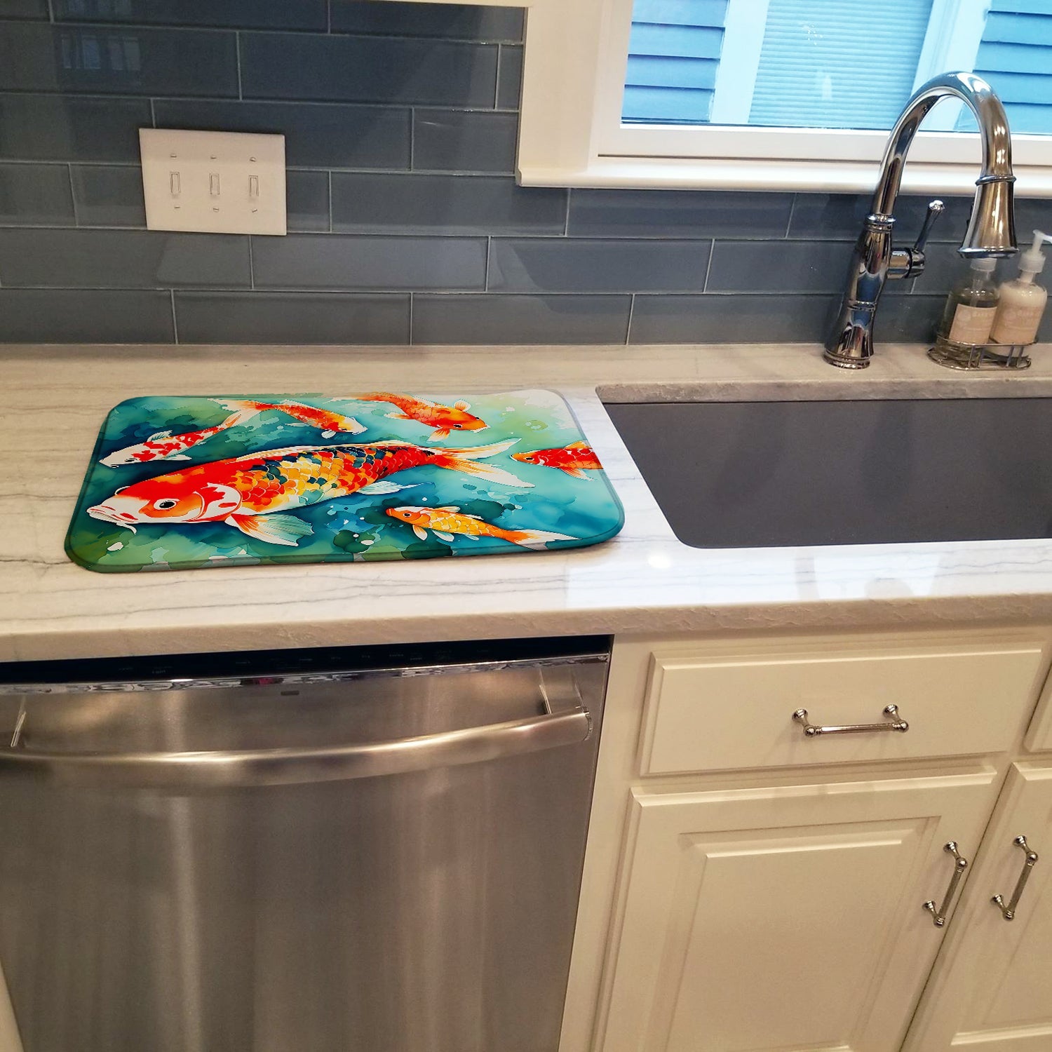 Koi Fish Dish Drying Mat Absorbent Dish Drying Mat Pad for Kitchen Counter Dish Drainer Mat for Countertop, 14 x 21", Multicolor