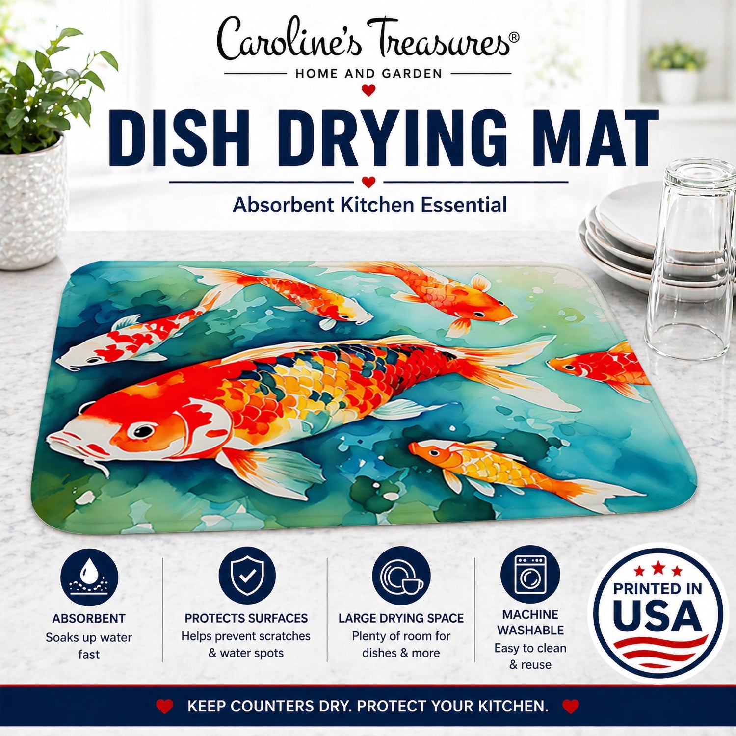 Koi Fish Dish Drying Mat Absorbent Dish Drying Mat Pad for Kitchen Counter Dish Drainer Mat for Countertop, 14 x 21", Multicolor
