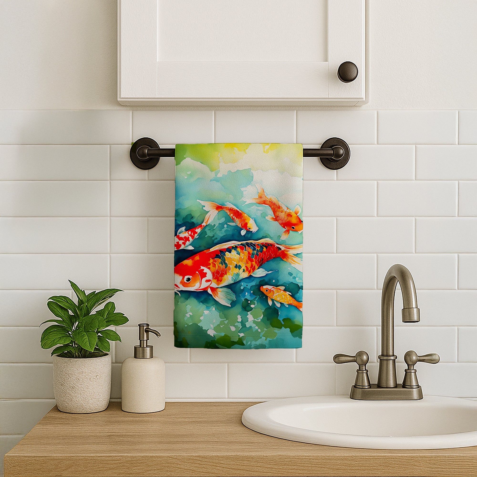 Koi Fish Kitchen Towel Velour Plush Front and Cotton Loop Back Machine Washable