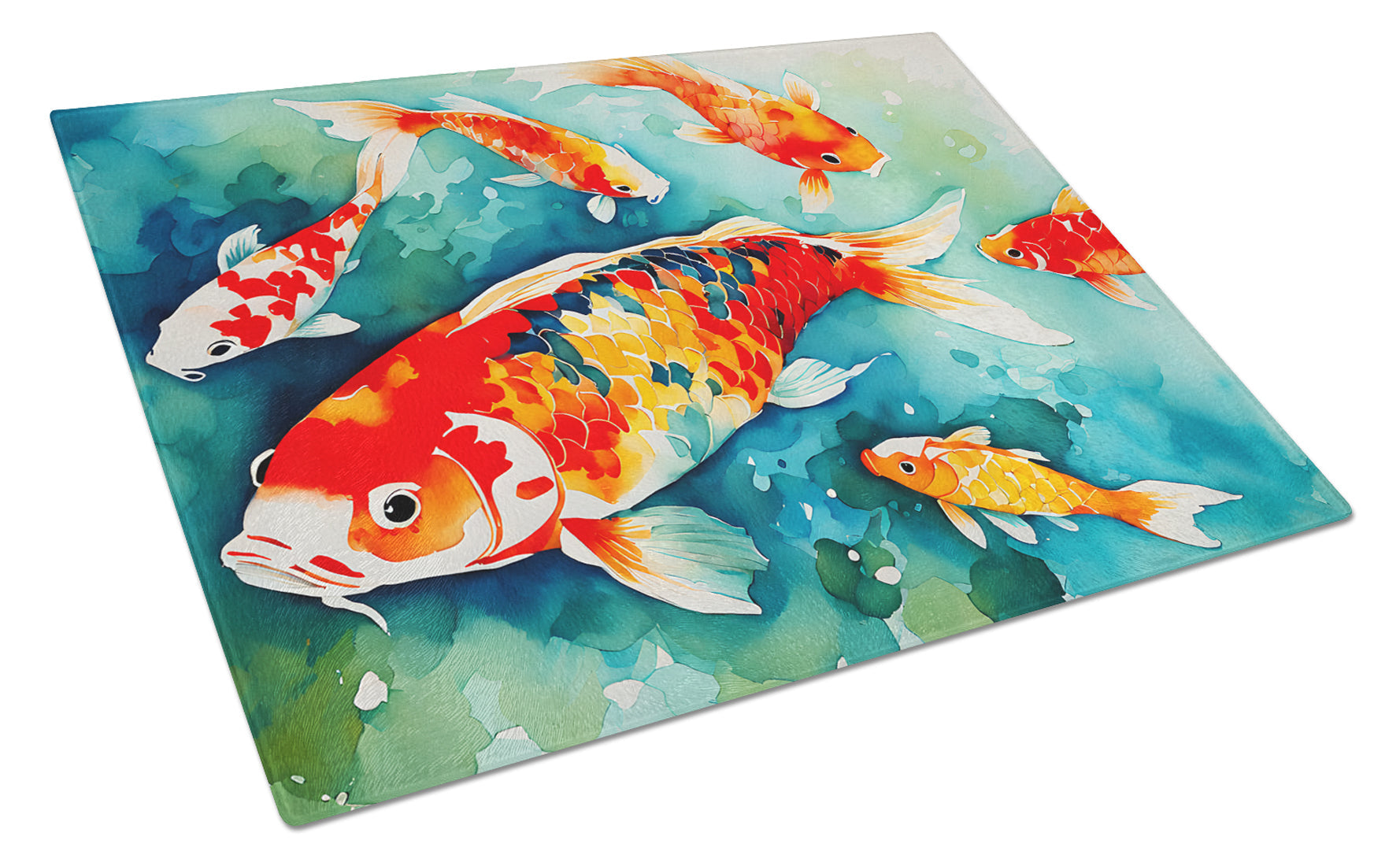 Koi Fish Cutting Board Tempered Glass Kitchen Cutting Surface, Heat Resistant Chopping, Non-Slip Feet, Food Prep & Serving