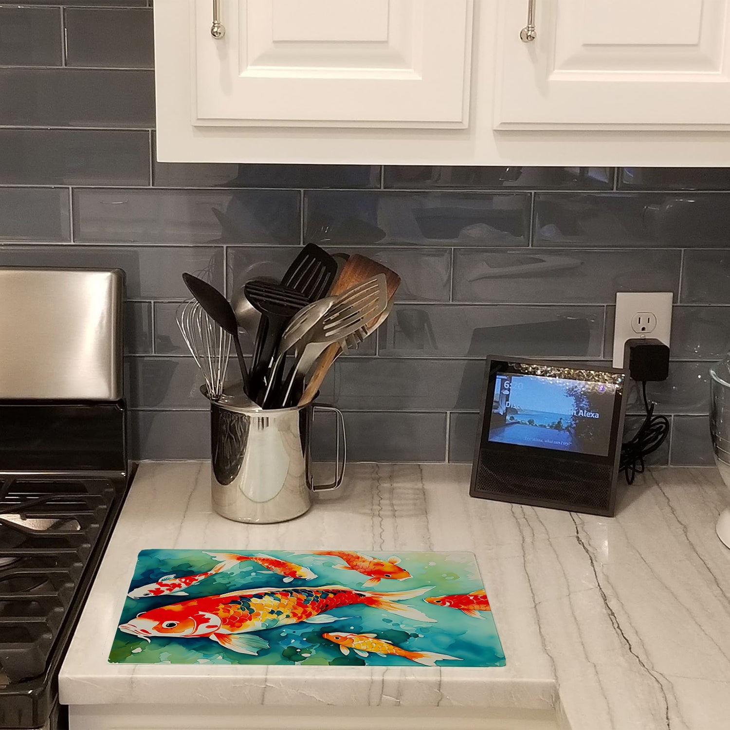 Koi Fish Cutting Board Tempered Glass Kitchen Cutting Surface, Heat Resistant Chopping, Non-Slip Feet, Food Prep & Serving