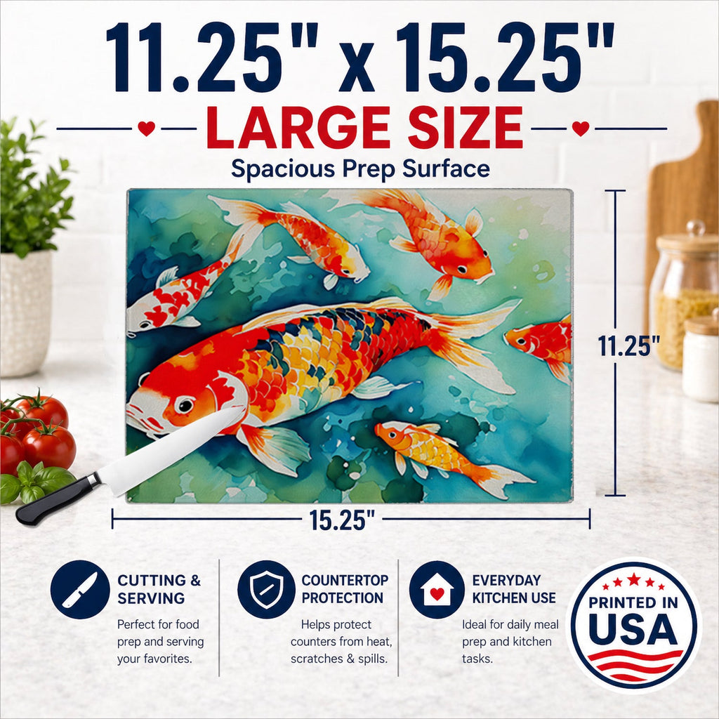 Koi Fish Cutting Board Tempered Glass Kitchen Cutting Surface, Heat Resistant Chopping, Non-Slip Feet, Food Prep & Serving